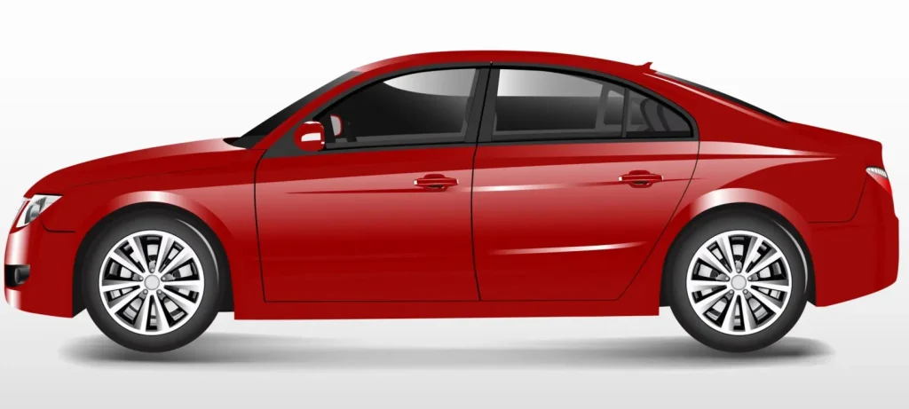 Side view of a red four door sedan.