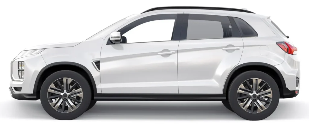 Side profile of a compact white crossover car.
